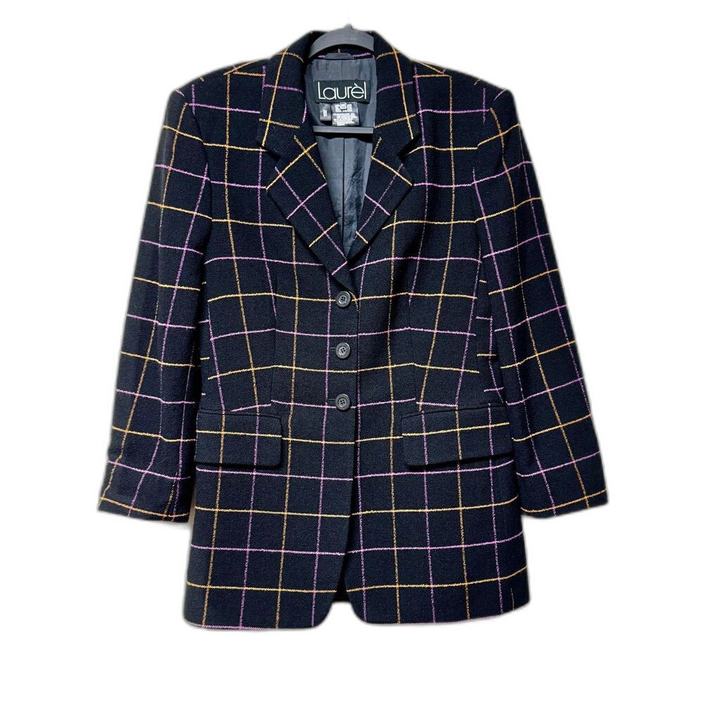 VINTAGE LAUREL ESCADA Virgin Wool Single Breasted Windowpane Plaid Blazer, Sz 36